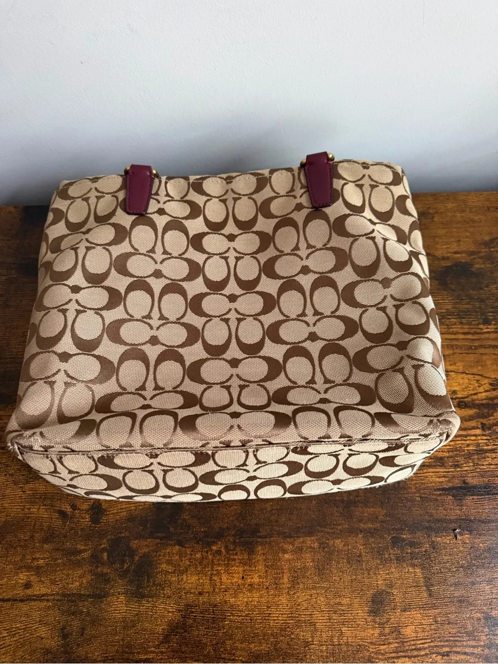 Coach F28504 Signature Stripe Tote Bag Khaki Burgundy Canvas Leather